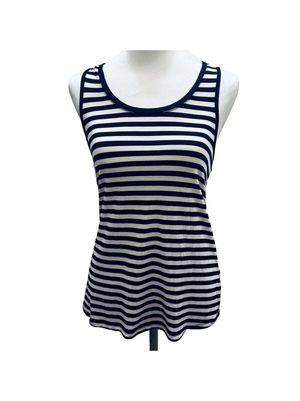 Max Studio Navy Blue and White Striped Tank Top